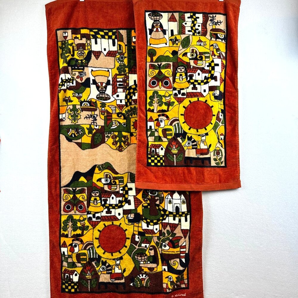 Vintage Hilasal 2pc Folk Towels Fernando LA Palma Design El Salvador 1970s Art